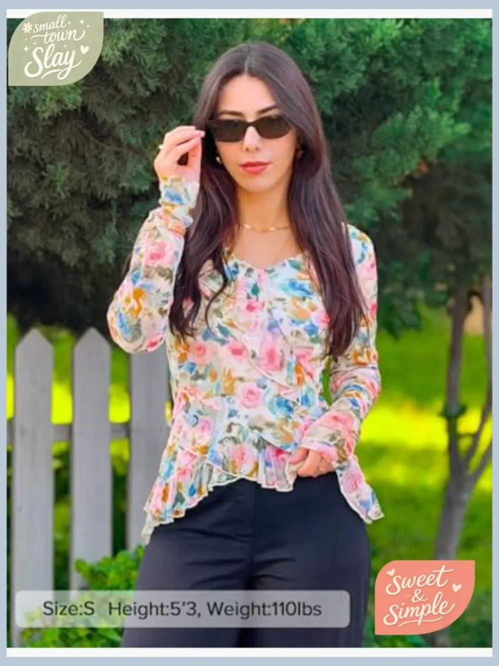 Long Sleeve Floral V-Neck Blouse with Ruffle Detail, Slim Fit - Picture 5 of 6
